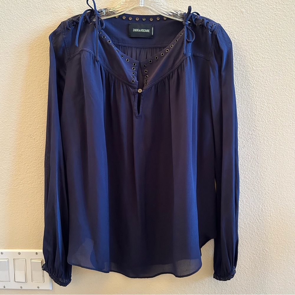 Zadig & Voltaire Tirate Blouse Small Navy Blue long sleeves Tie Shoulders - Picture 5 of 10